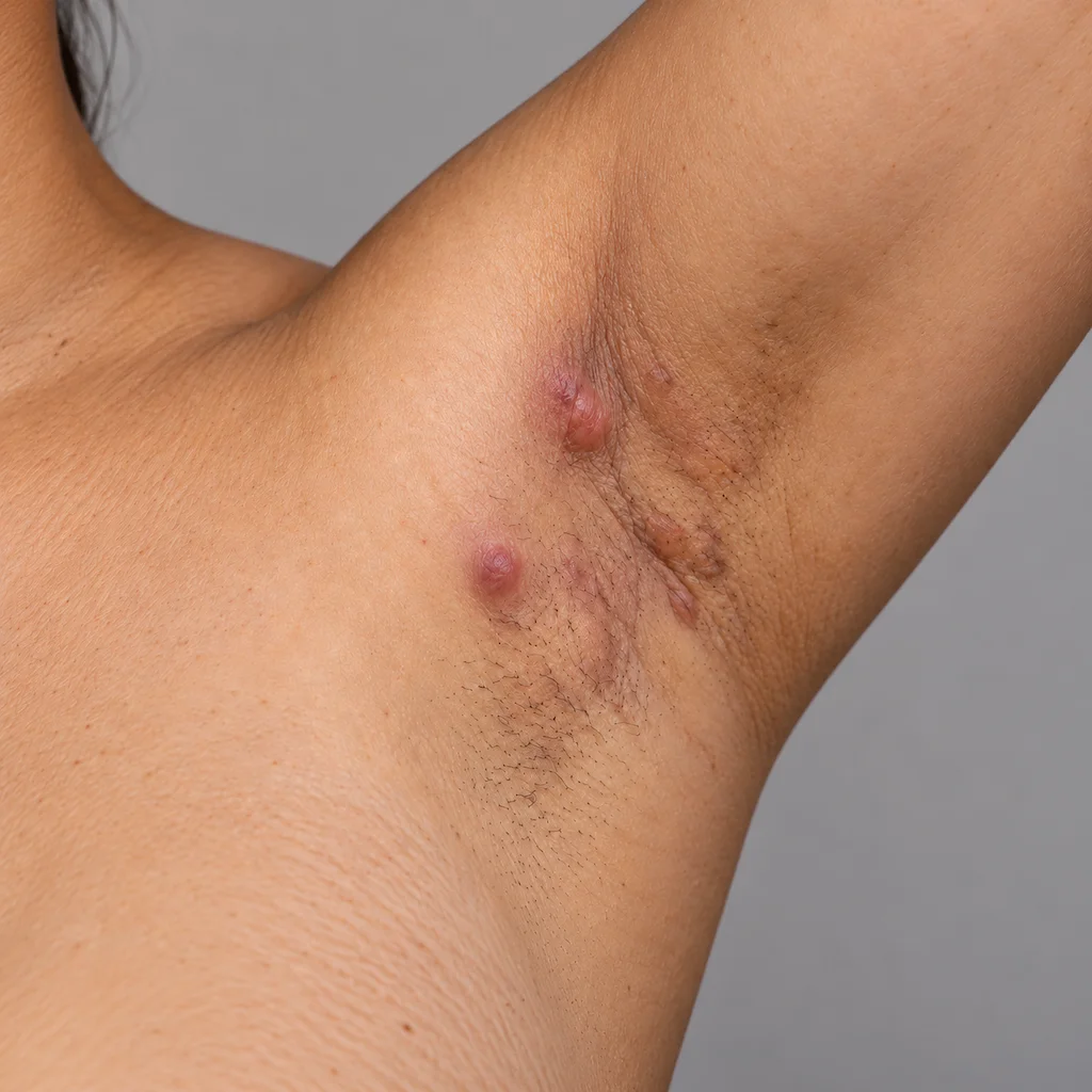 Hidradenitis suppurativa (HS) illustrerad med röda, upphöjda knölar och ärr i en armhåla.