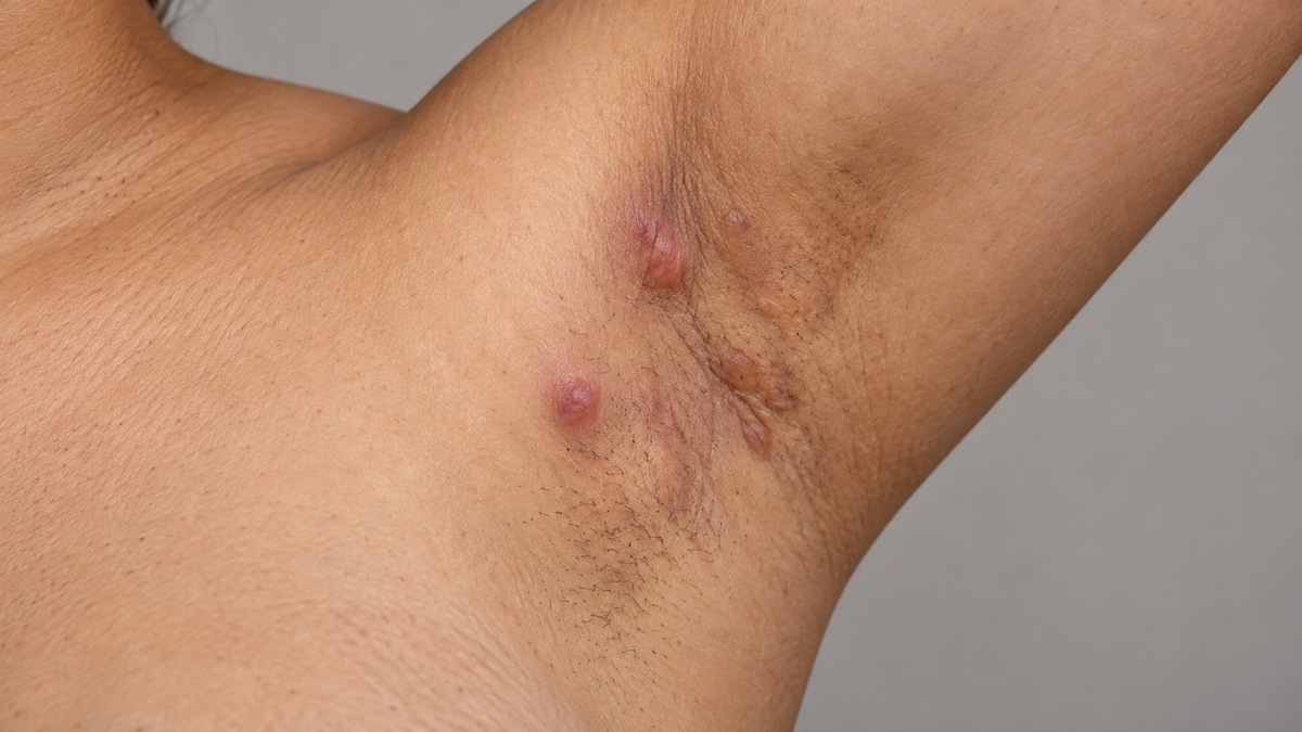 Hidradenitis-suppurativa_HS_närbild-armhåla_1200x675px Närbild av en armhåla med röda, upphöjda knölar och ärr.