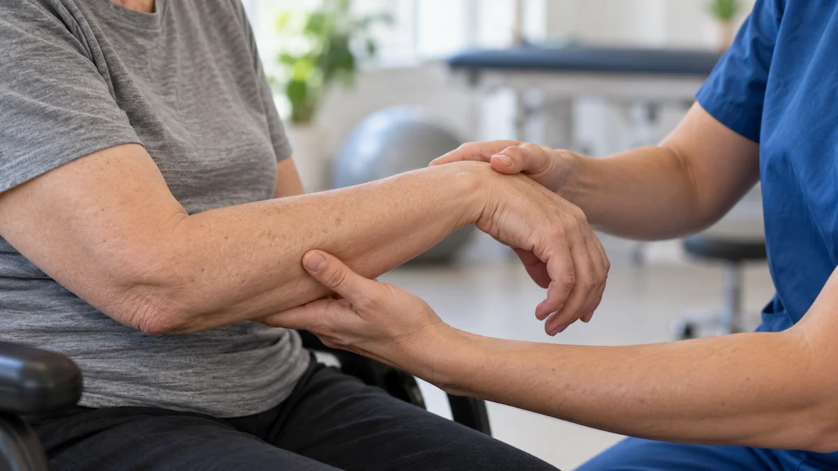Spasticitet_Varsam-bedömning-av-handens-muskeltonus_1200x675px En fysioterapeut stödjer en persons underarm och handled vid en undersökning.