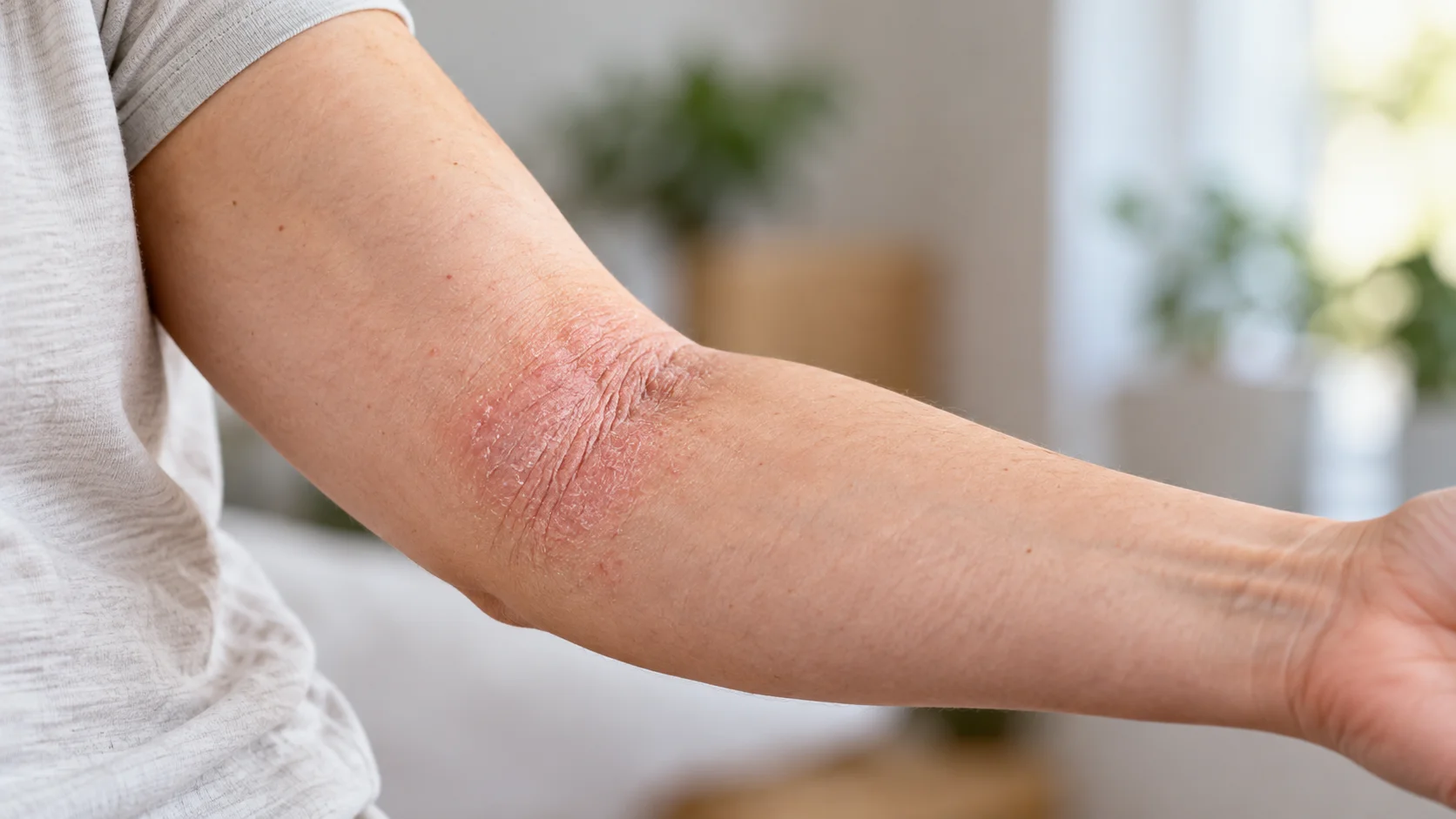 1200x675px_eksem_atopisk-dermatit_eksem-armveck Närbild av atopiskt eksem i armvecket med torr, röd och fjällande hud.