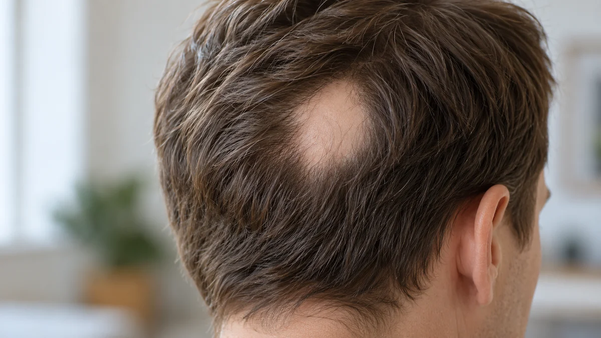 Alopecia_Fläckvis-håravfall-i-närbild_1200x675px Närbild av en persons hårbotten med ett avgränsat område av håravfall.